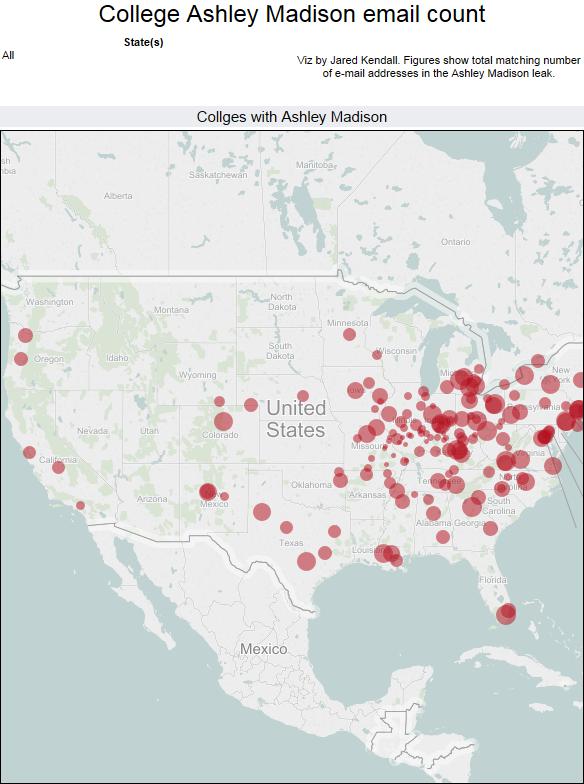 Map shows total number of matching e-mail addresses for colleges and universities across the country. Note that there is no way to know how many of those e-mail addresses were used deliberately by their owners.